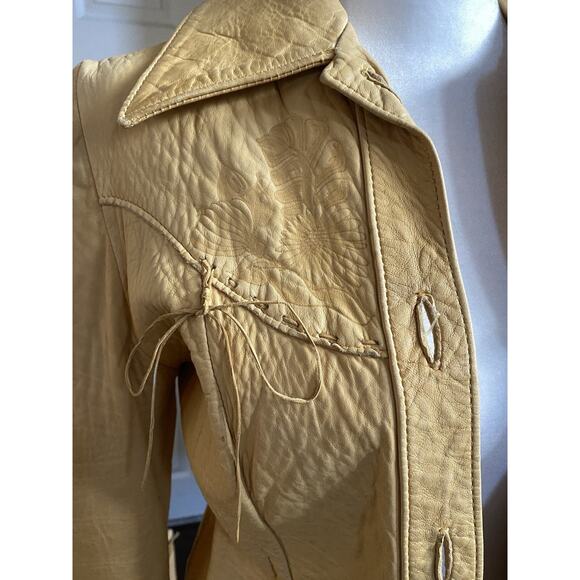 Vtg Santa Fe Leather floral embossed Shirt jacket womens S tan western boho USA - Picture 8 of 16